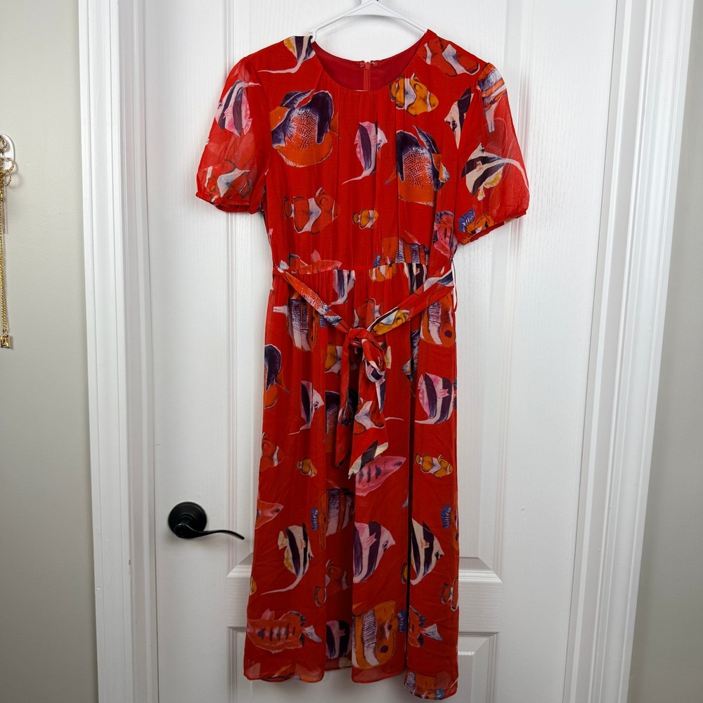 Red Tropical Fish Print‎ Midi Dress Short Sleeve Belted Summer Vacation Size 38